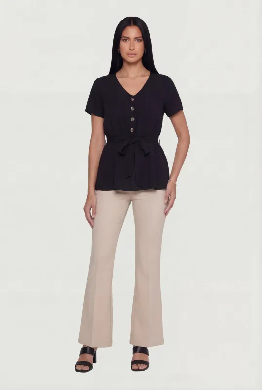 Ruched Half Button Front Short Sleeve Top made by Rainbow
