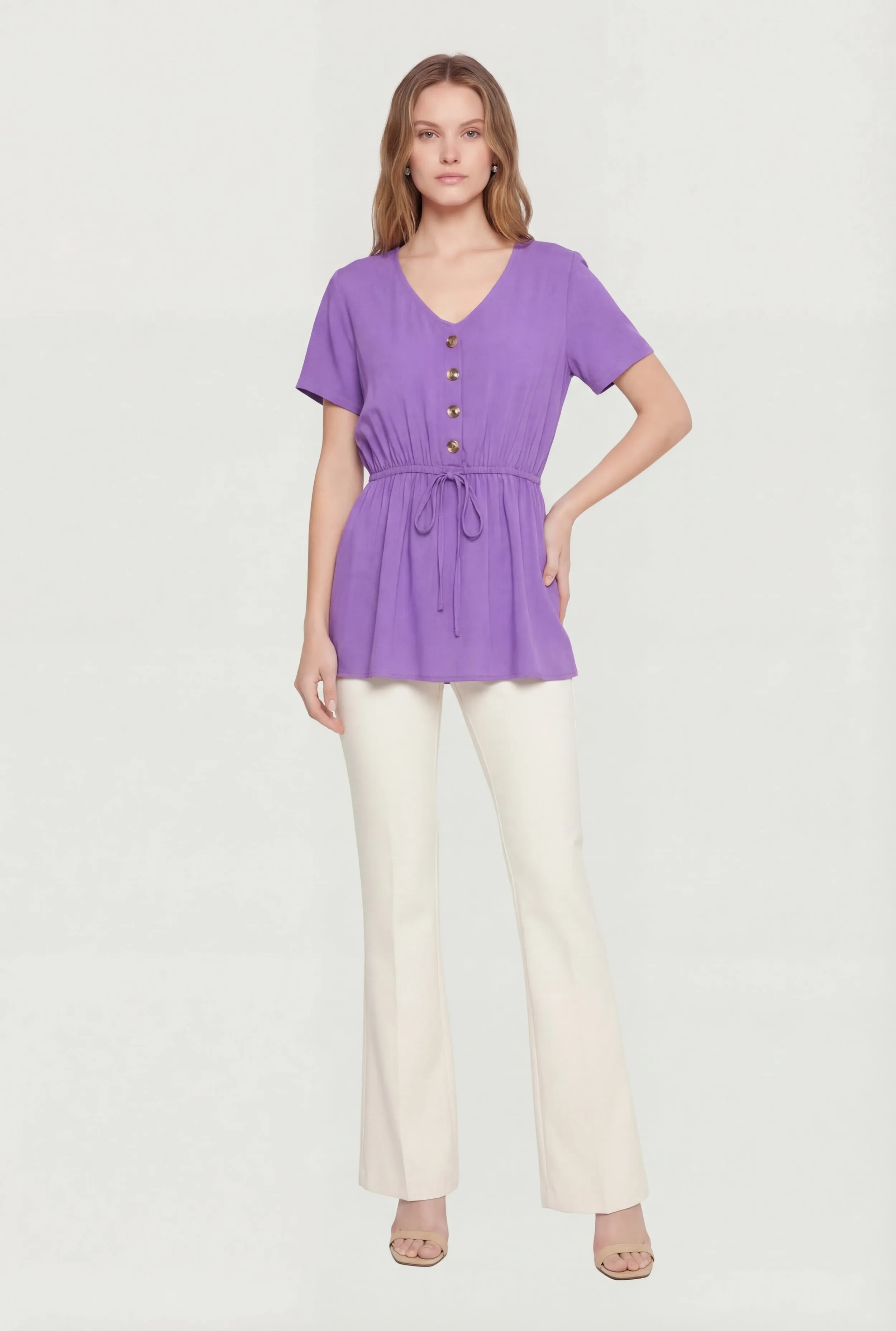 Ruched Half Button Front Short Sleeve Top sold by Rainbow product image thumbnail 5