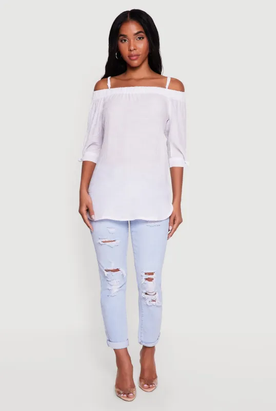 Tie Knot Sleeve Square Neck Cold Shoulder Blouse made by Rainbow