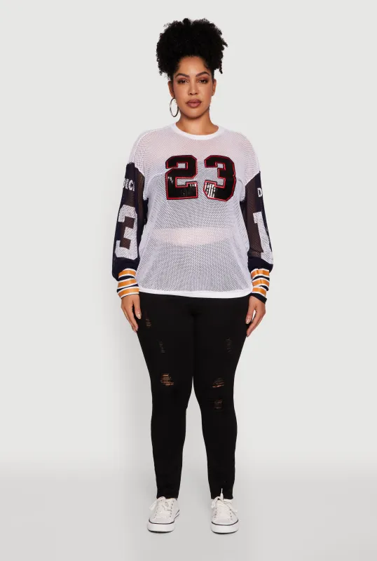 Plus Size 23 Sequin Fishnet Graphic Print Long Sleeve Top made by Rainbow