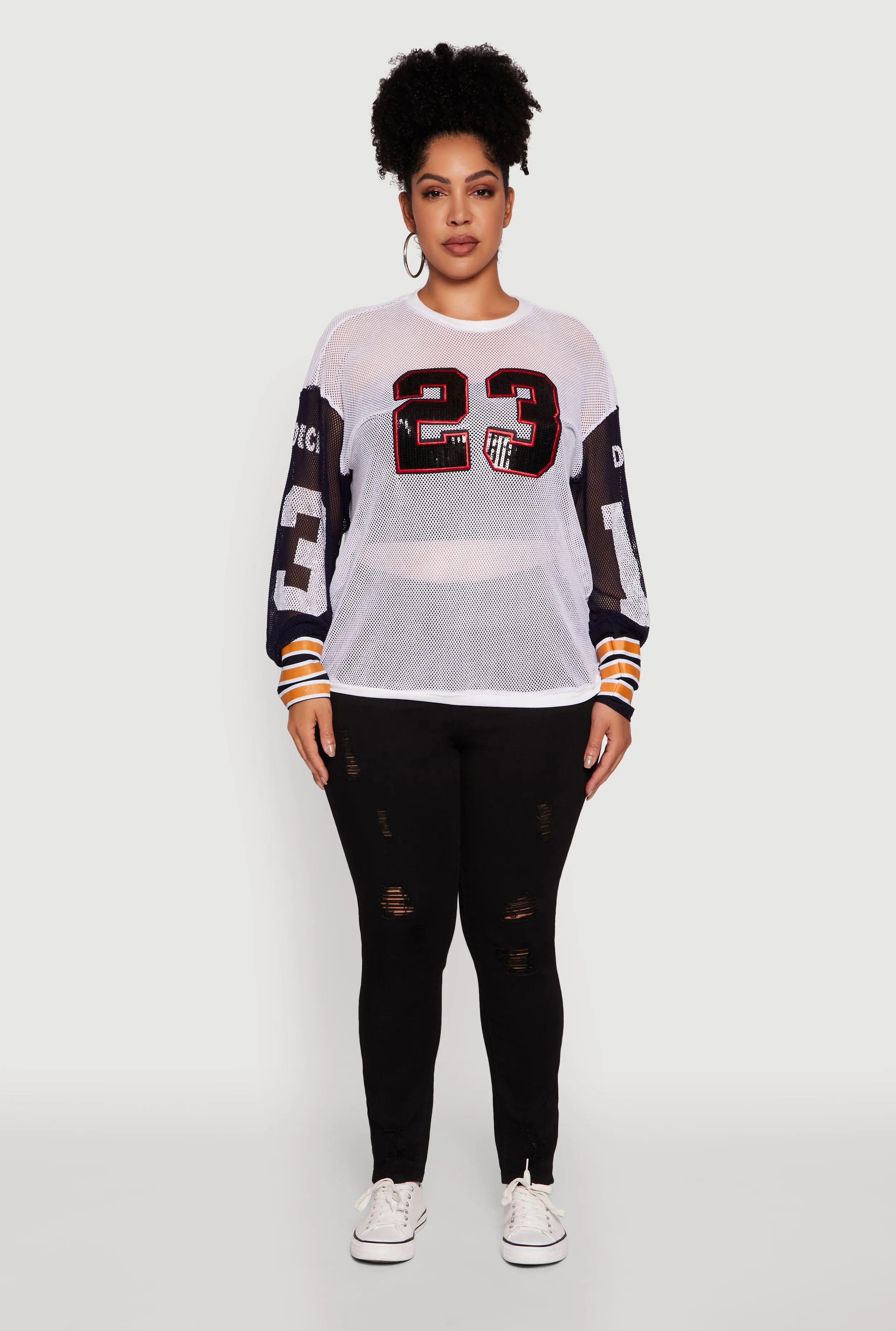 Plus Size 23 Sequin Fishnet Graphic Print Long Sleeve Top sold by Rainbow