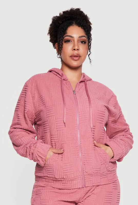 Plus Size Terry Cloth Patterned Zip Front Hoodie made by Rainbow