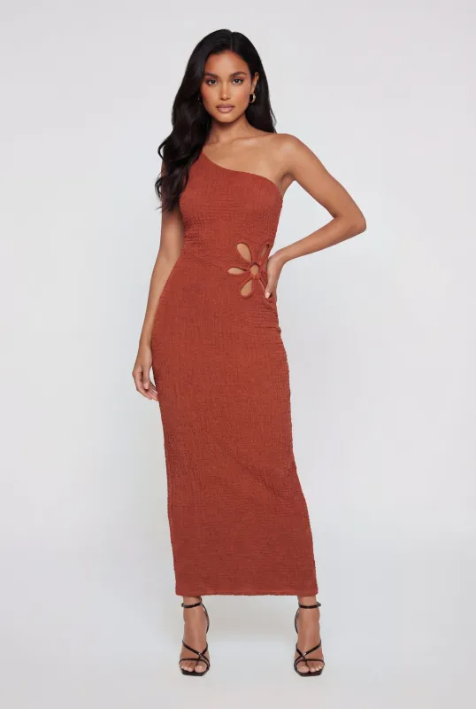 Textured Knit Flower Cutout One Shoulder Dress made by Rainbow