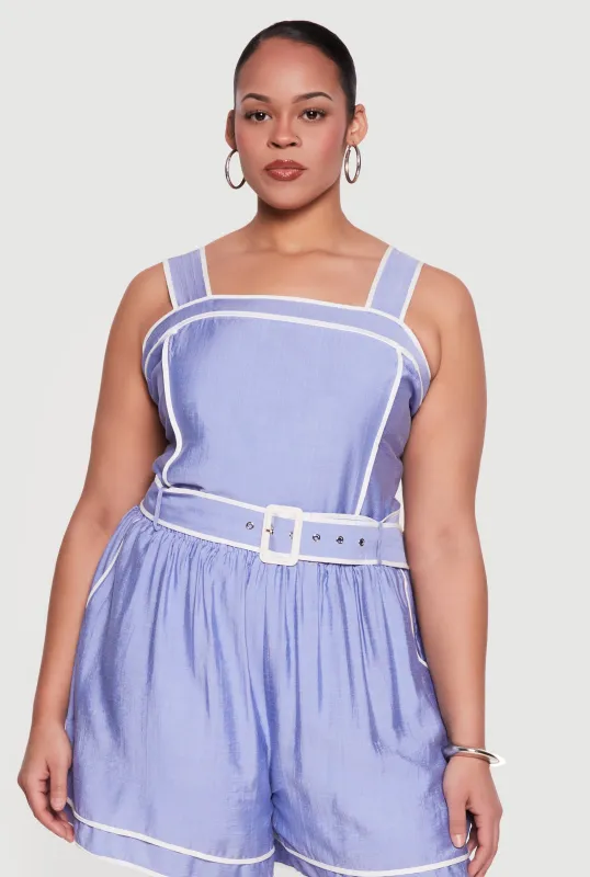 Plus Size Contrast Trim Sleeveless Top with Tie Straps made by Rainbow