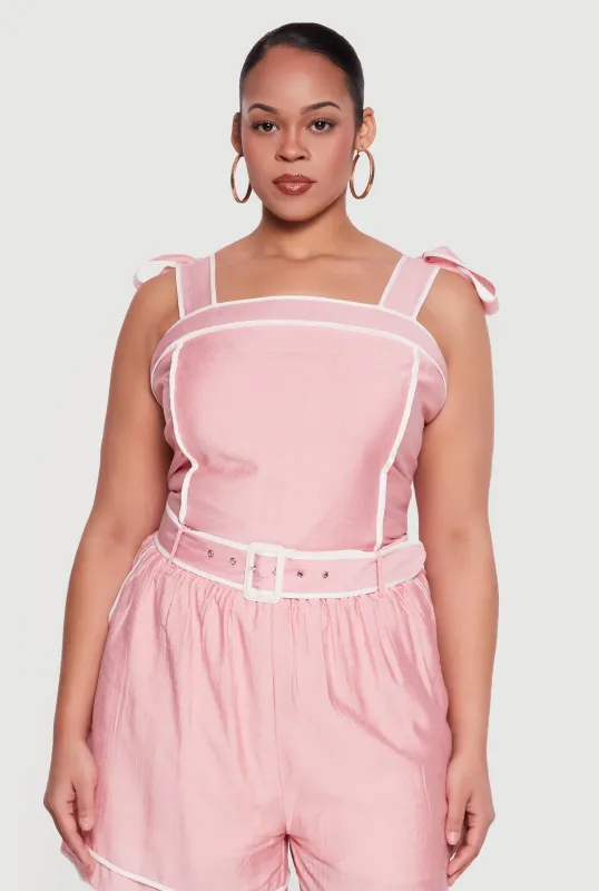 Plus Size Contrast Trim Sleeveless Top with Tie Straps made by Rainbow
