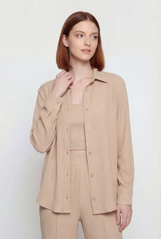 Solid Textured Knit Button Front Long Sleeve Shirt made by iris