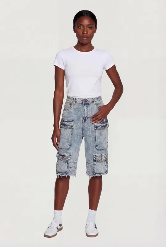 Acid Wash Frayed Hem Cargo Bermuda Shorts made by Daisy