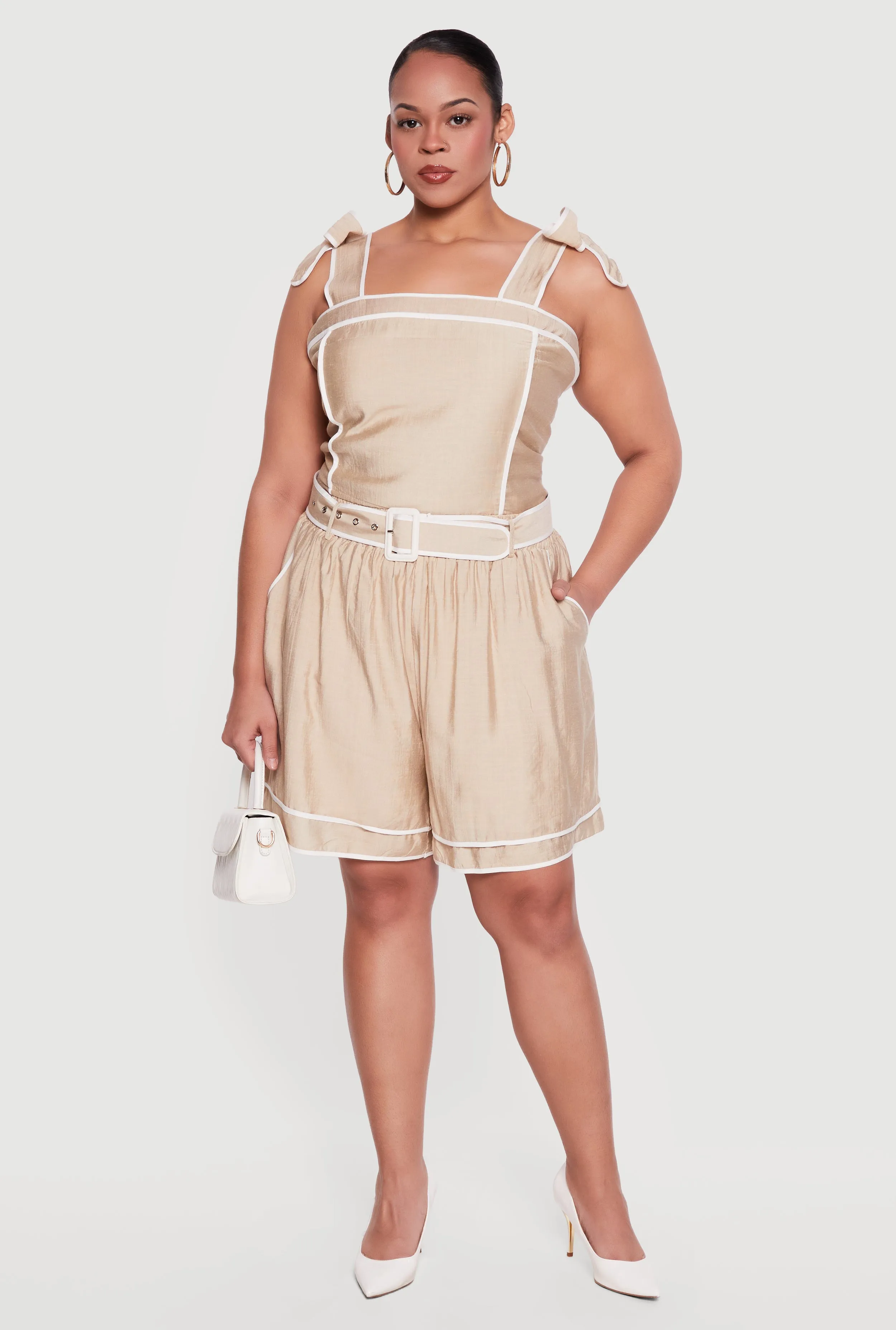 Plus Size High Waisted Contrast Trim Shorts with Belt sold by Rainbow