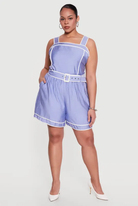 Plus Size High Waisted Contrast Trim Shorts with Belt made by Rainbow