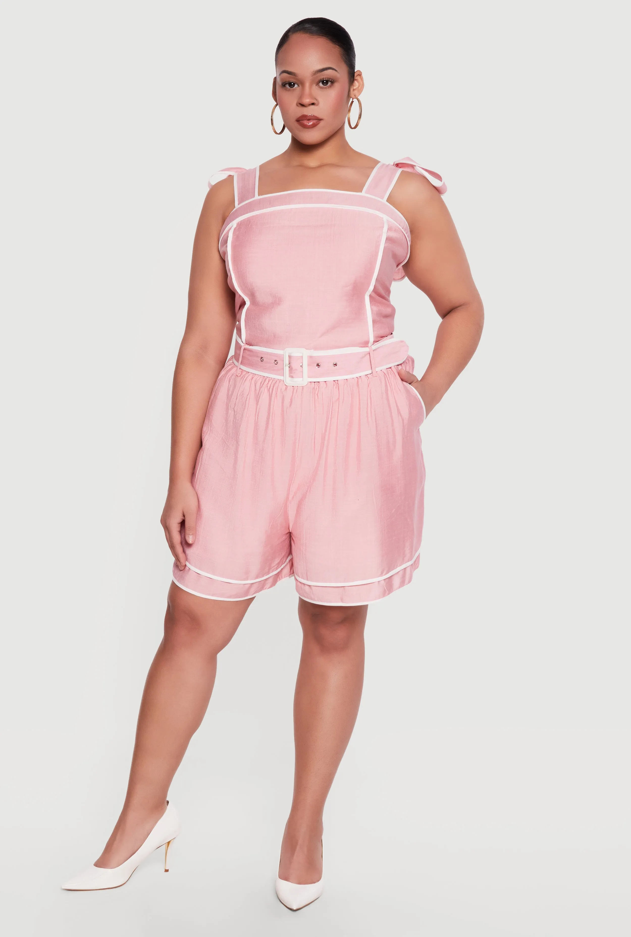 Plus Size High Waisted Contrast Trim Shorts with Belt sold by Rainbow