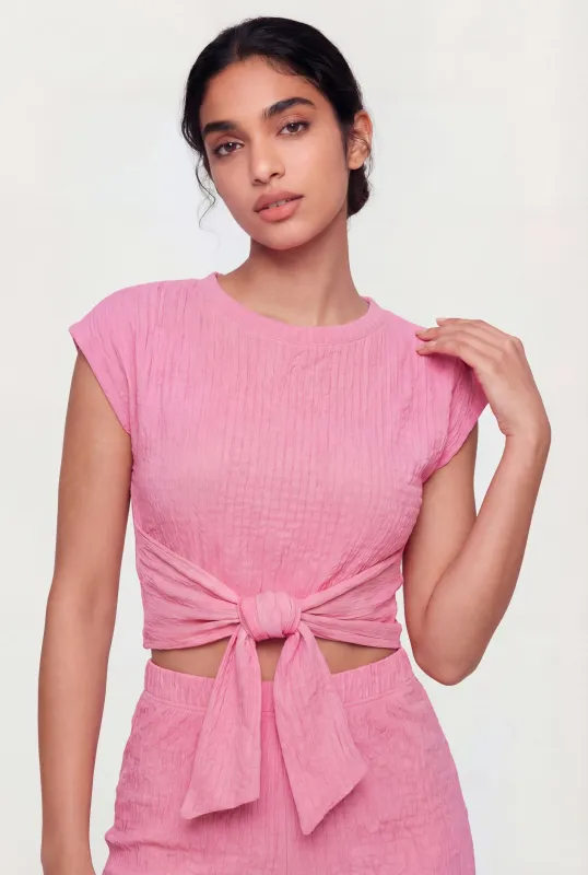 Textured Knit Tie Front Crop Top made by Rainbow