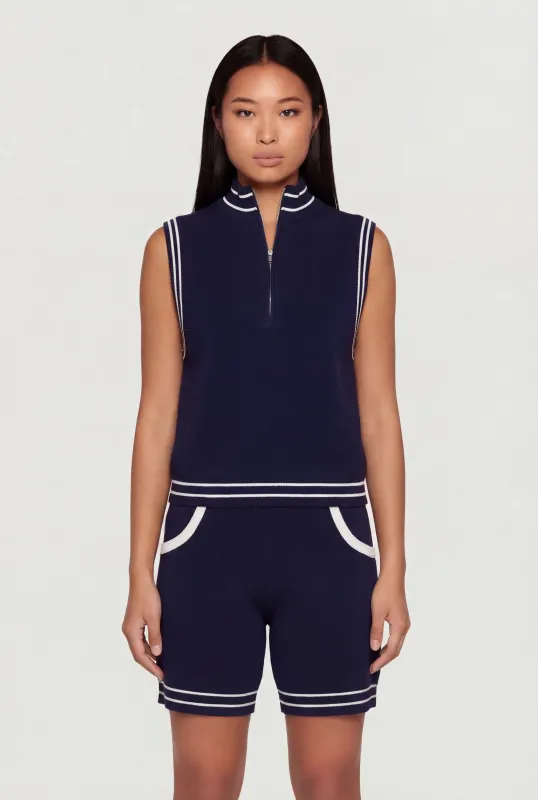 Varsity Stripe Half Zip Front Sleeveless Mock Neck Top made by Rainbow