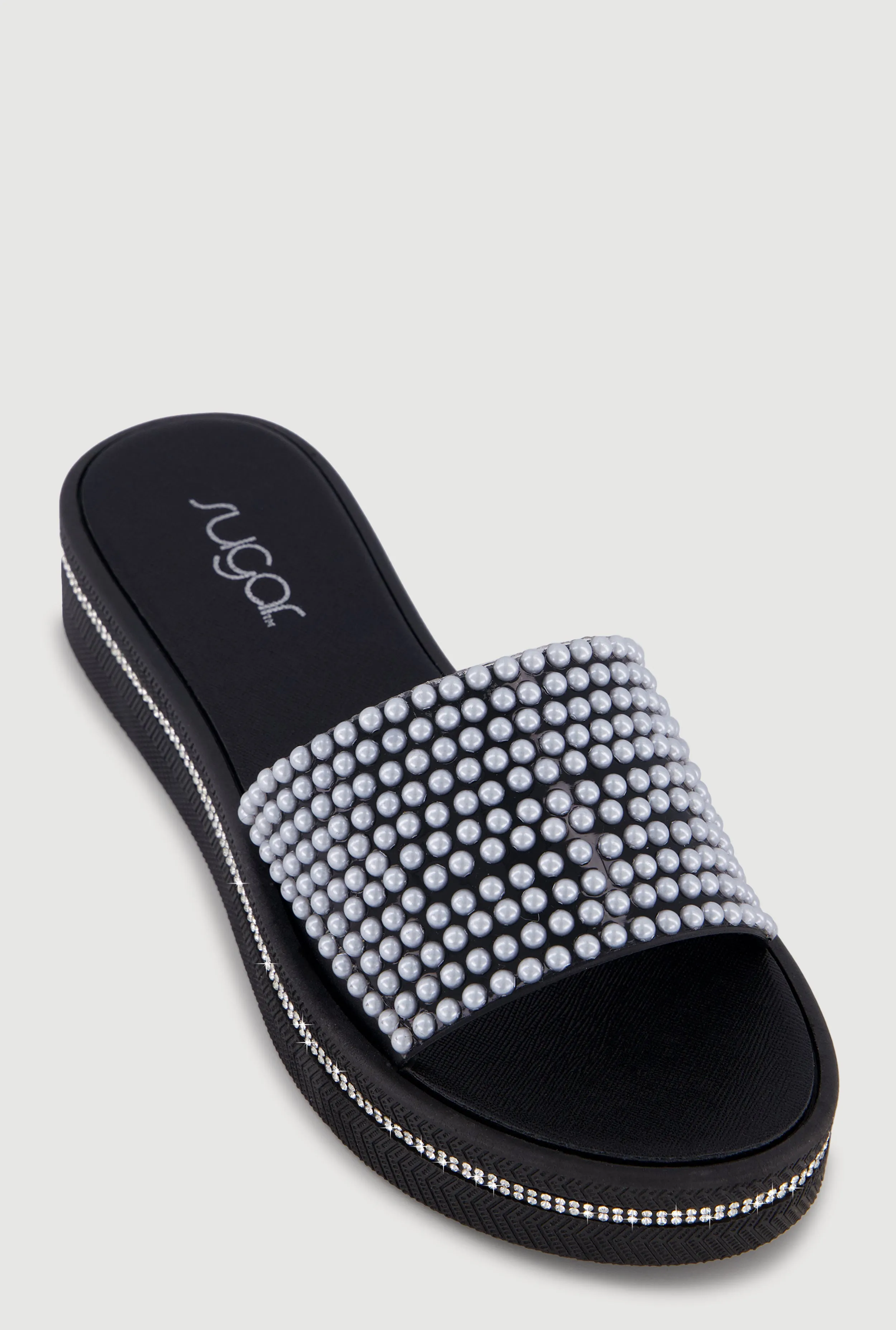 Faux Pearl Band Rhinestone Trim Platform Slide Sandals sold by Rainbow product image thumbnail 3