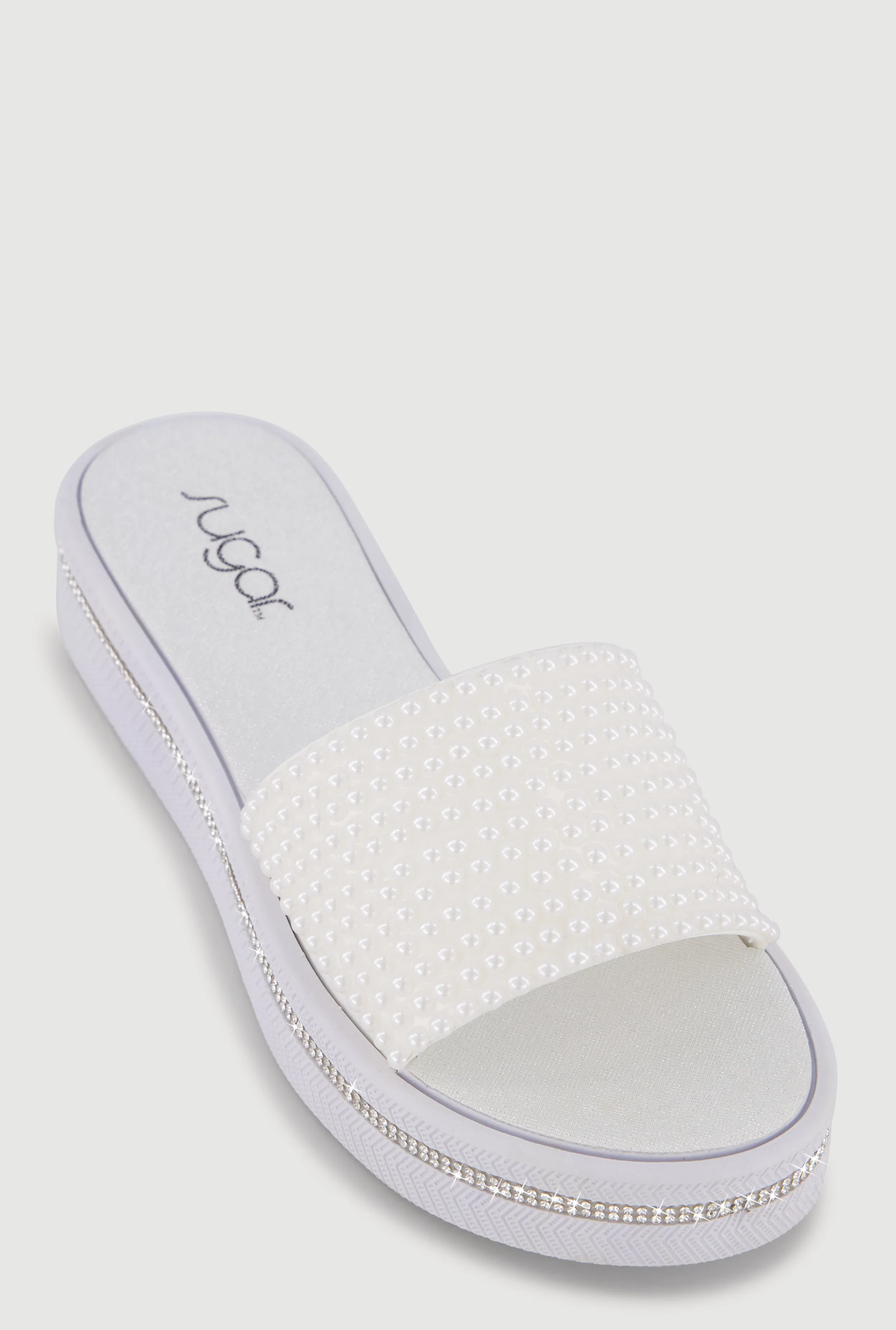 Faux Pearl Band Rhinestone Trim Platform Slide Sandals sold by Rainbow product image thumbnail 2