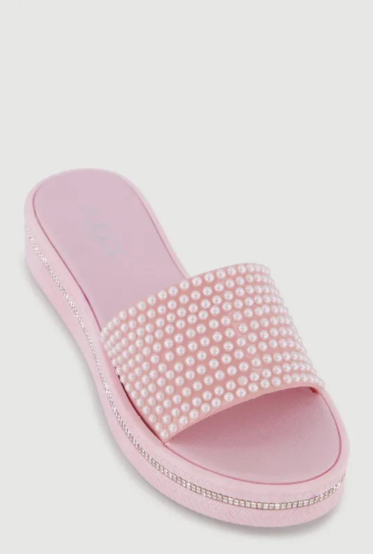 Faux Pearl Band Rhinestone Trim Platform Slide Sandals made by Rainbow