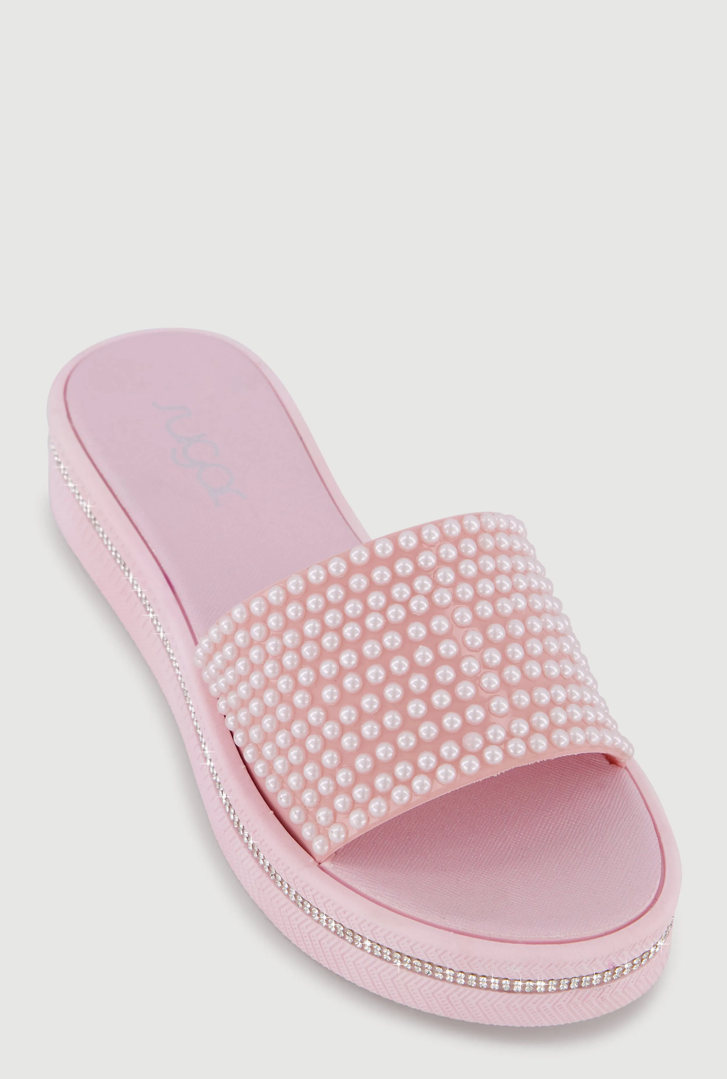 Faux Pearl Band Rhinestone Trim Platform Slide Sandals sold by Rainbow