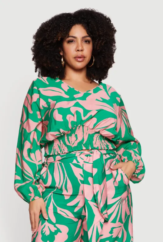 Plus Size Floral Print Smocked Bottom V Neck Blouse made by Rainbow