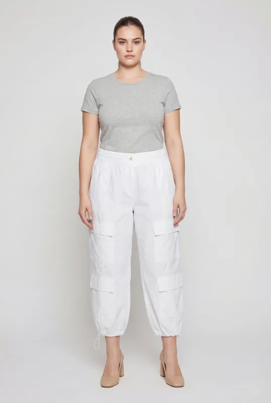 High Waisted Toggle Drawstring Waist Cargo Capris Pants made by Rainbow