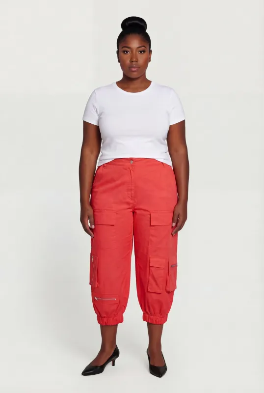 Plus Size High Waisted Cargo Capris with Zip Pockets made by Rainbow