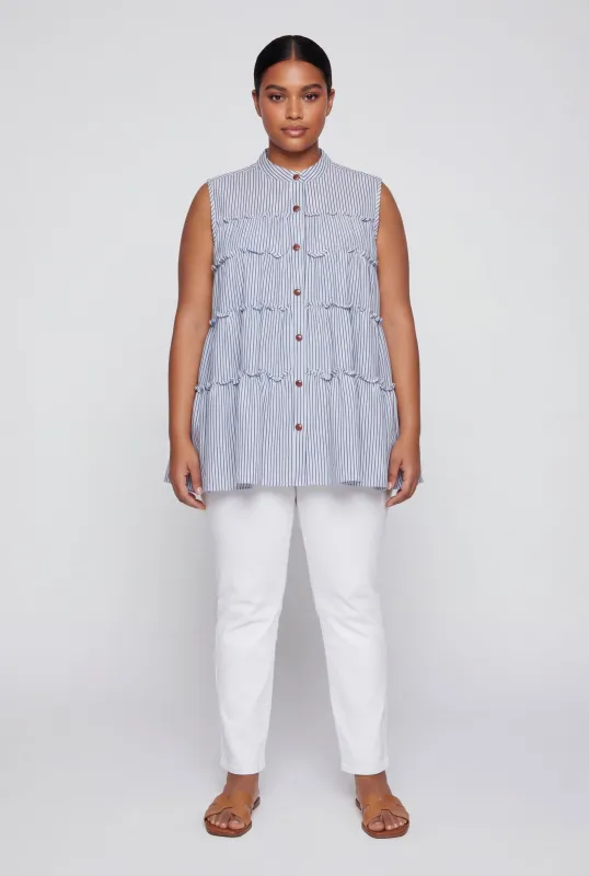 Plus Size Pinstripe Button Front Tiered Peplum Top made by Rainbow