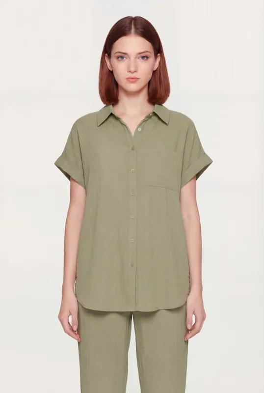 Button Front Crepe Knit Short Sleeve Shirt made by Rainbow
