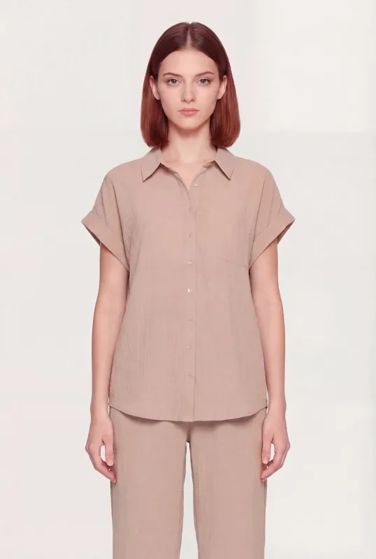 Button Front Crepe Knit Short Sleeve Shirt made by Rainbow