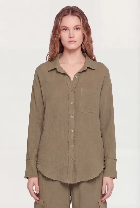 Gauze Knit Long Sleeve Shirt with Raw Hem made by Rainbow