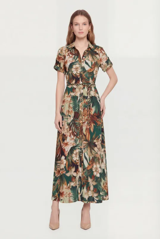 Floral Print Button Front Tie Waist Belted Shirt Dress made by Rainbow