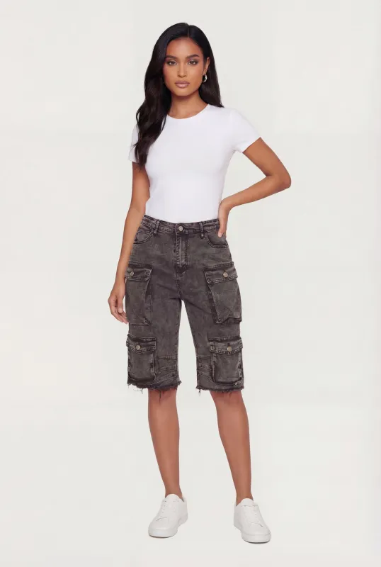 Acid Wash Frayed Hem Cargo Bermuda Shorts made by Daisy