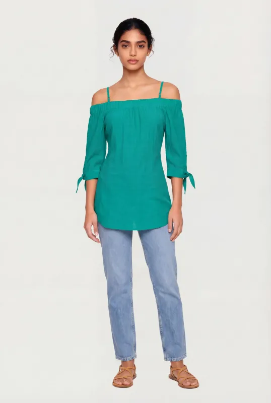Tie Knot Sleeve Square Neck Cold Shoulder Blouse made by Rainbow