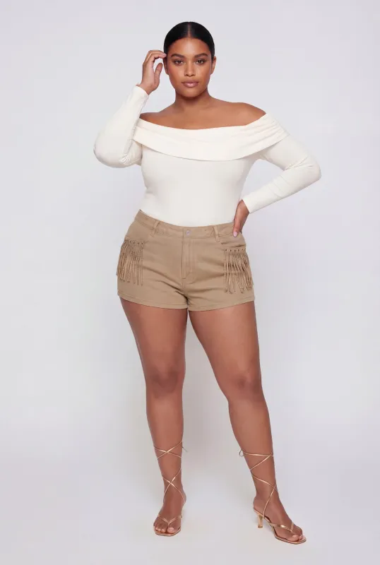 Plus Size Almost Famous Fringe Detail Denim Shorts made by Almost Famous