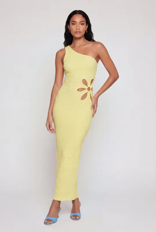 Textured Knit Flower Cutout One Shoulder Dress made by Rainbow