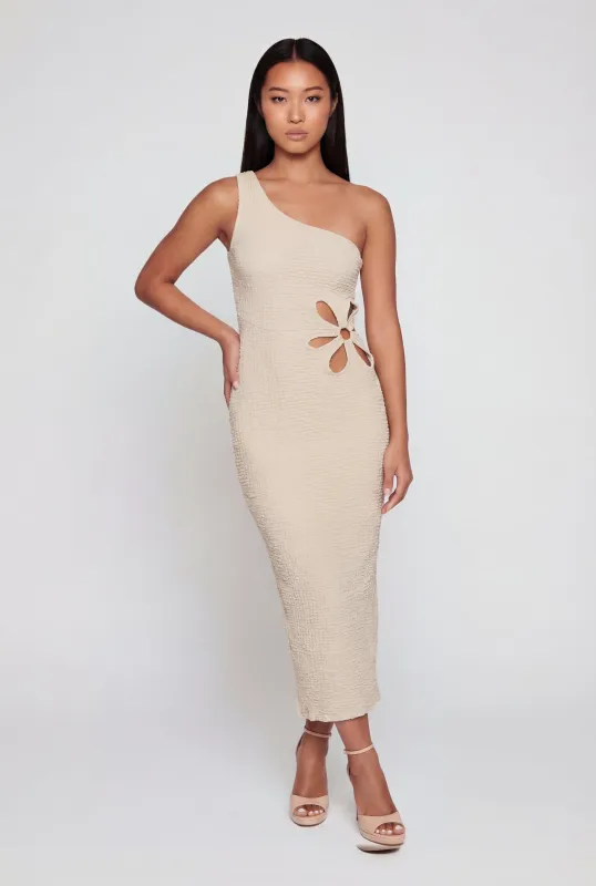 Textured Knit Flower Cutout One Shoulder Dress made by Rainbow