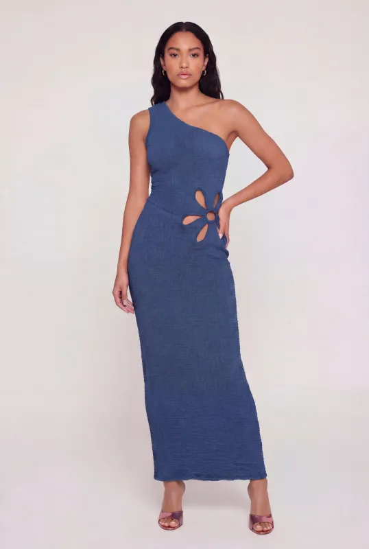 Textured Knit Flower Cutout One Shoulder Dress made by Rainbow