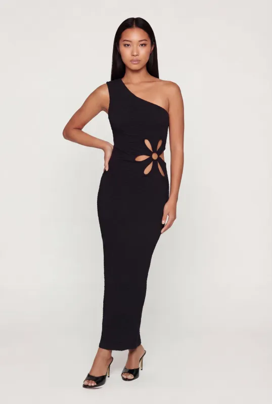 Textured Knit Flower Cutout One Shoulder Dress made by Rainbow