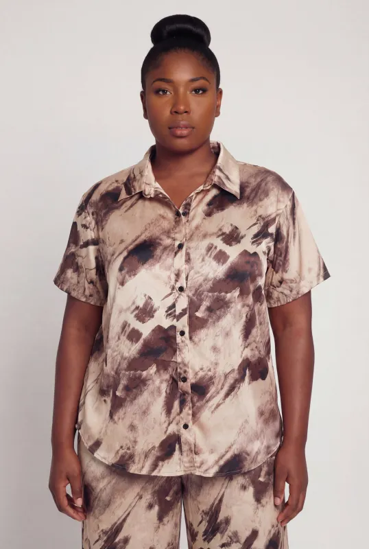 Plus Size Satin Printed Pattern Button Front Shirt made by Rainbow