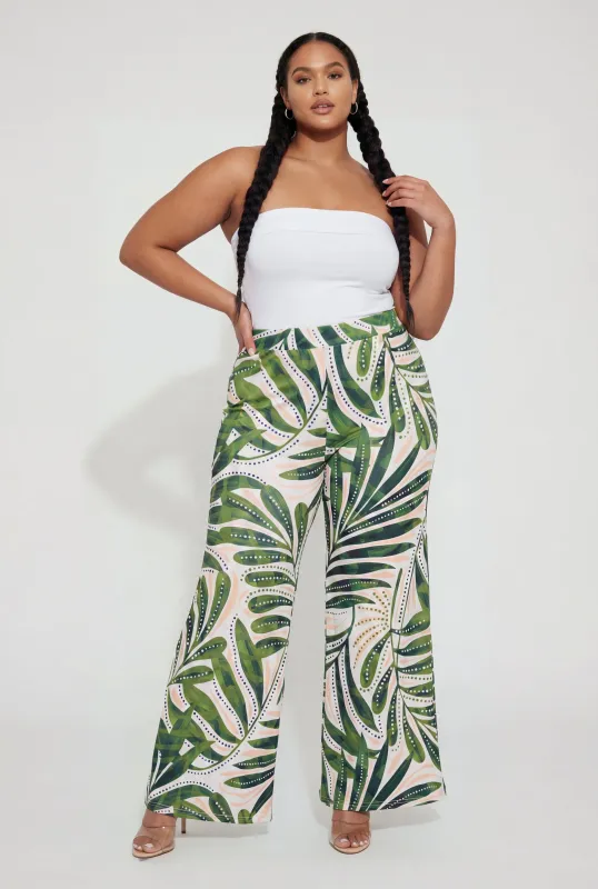 Plus Size Printed Pattern High Waisted Wide Leg Palazzo Pants made by Rainbow