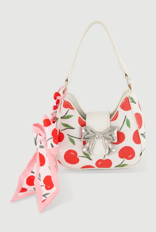 Chic Cherry Print Faux Leather Bag with Bow Charm made by Rainbow