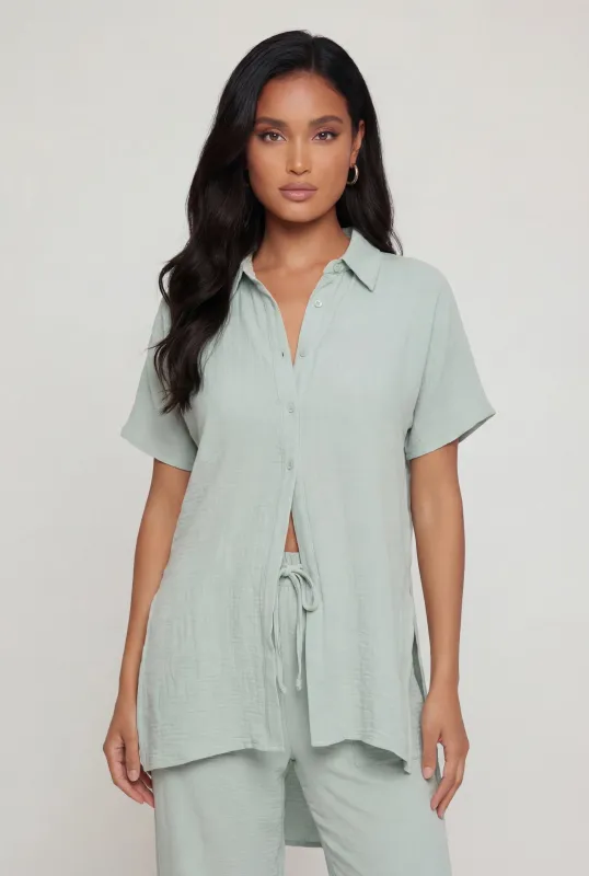 Crepe Knit Tie Front High Low Shirt made by Rainbow