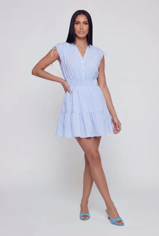Striped Half Button Front Smocked Waist Mini Dress made by Rainbow