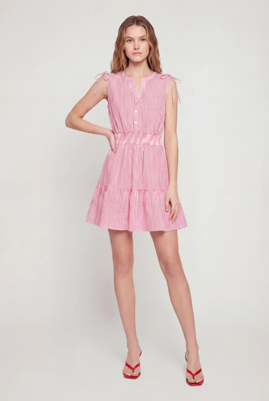 Striped Half Button Front Smocked Waist Mini Dress made by Rainbow