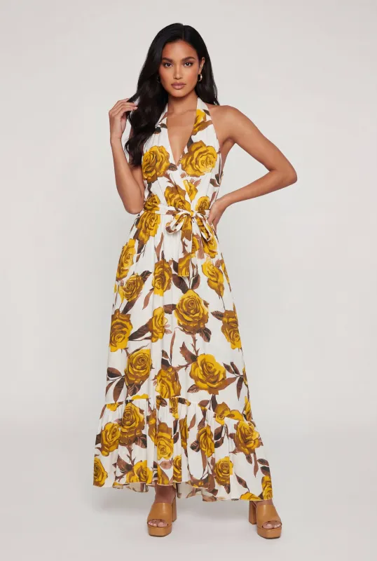 Floral Halter Maxi Dress with Tie Waist Belt made by Rainbow