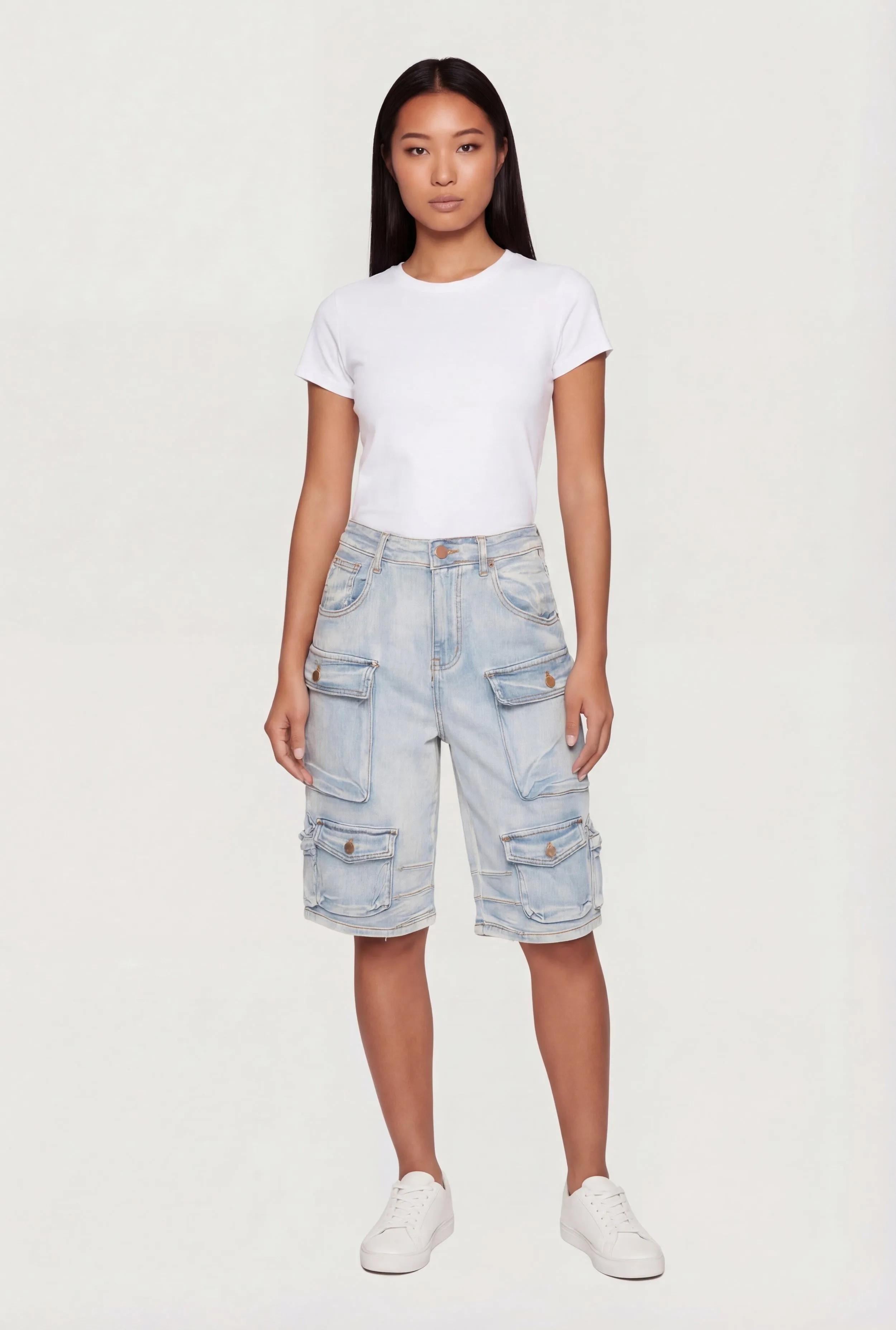Acid Wash High Waisted Denim Cargo Bermuda Shorts sold by Rainbow