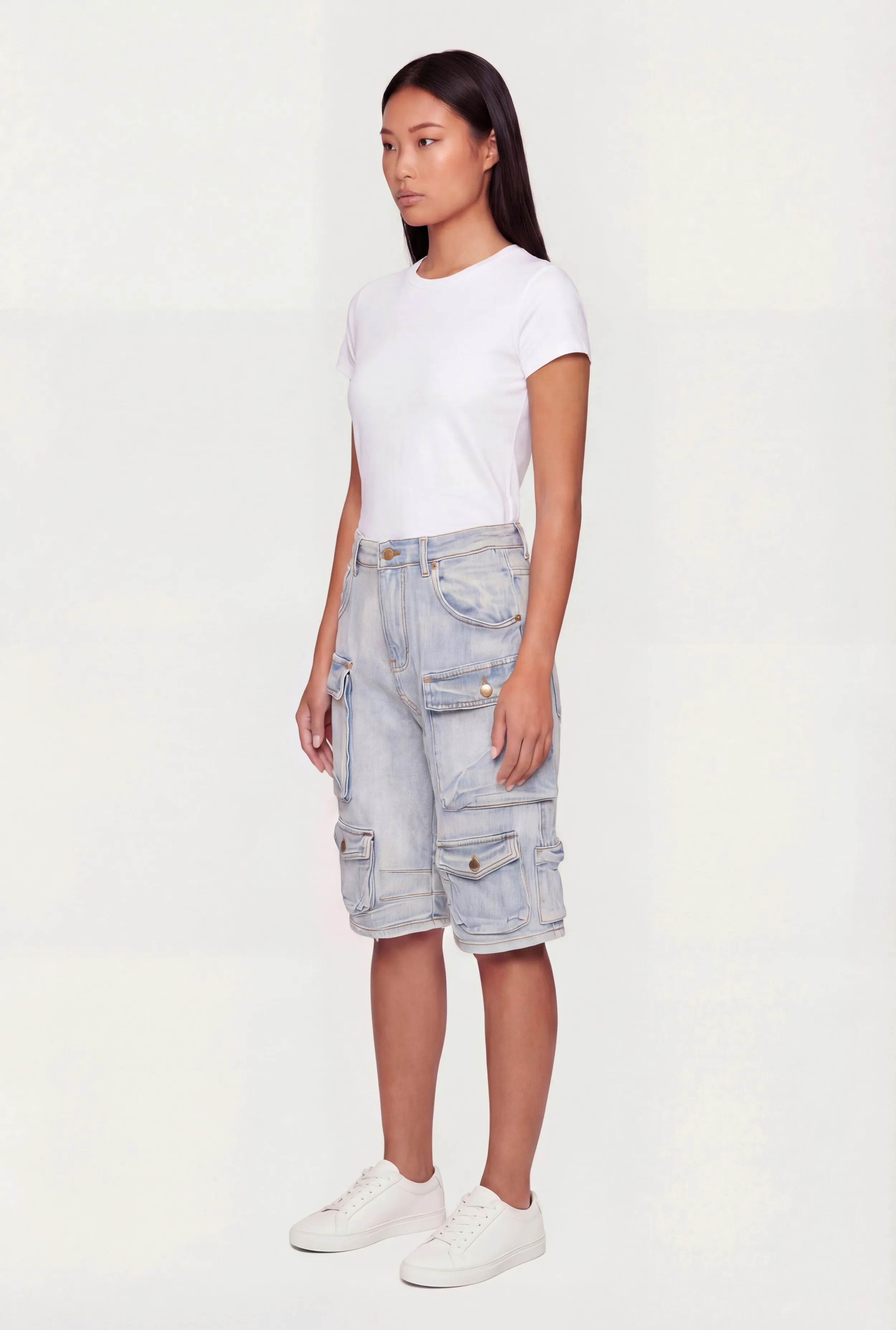 Acid Wash High Waisted Denim Cargo Bermuda Shorts sold by Rainbow product image thumbnail 2