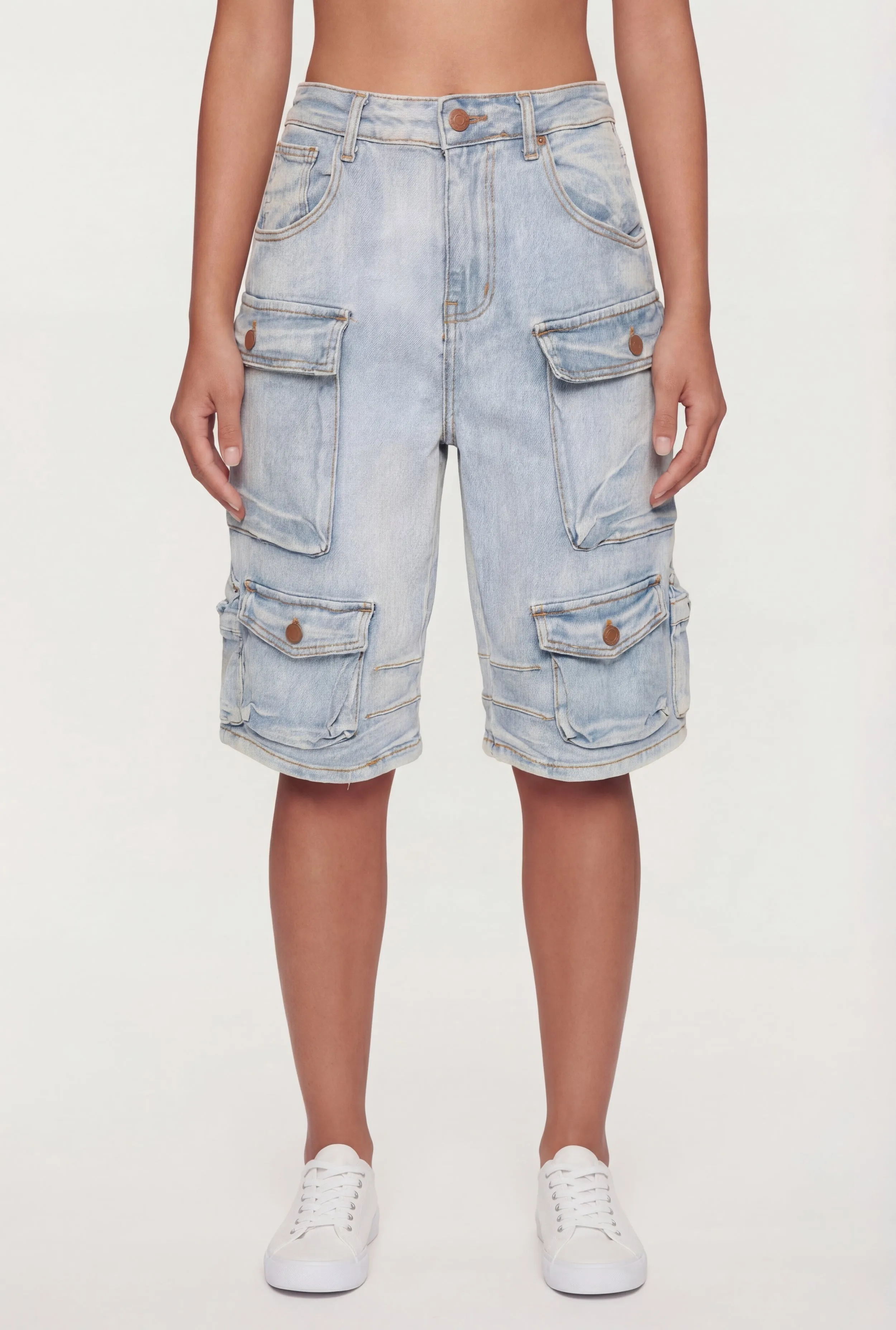 Acid Wash High Waisted Denim Cargo Bermuda Shorts sold by Rainbow product image thumbnail 3