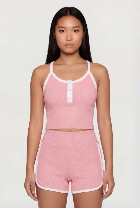 Contrast Trim Button Front Crop Top made by Rainbow