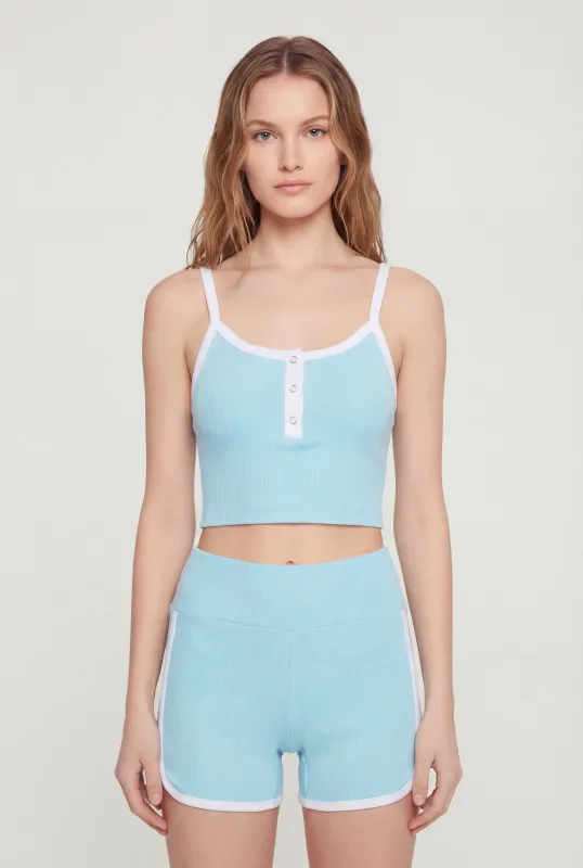 Contrast Trim Button Front Crop Top made by Rainbow