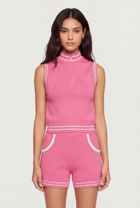 Varsity Stripe Half Zip Front Sleeveless Mock Neck Top made by Rainbow
