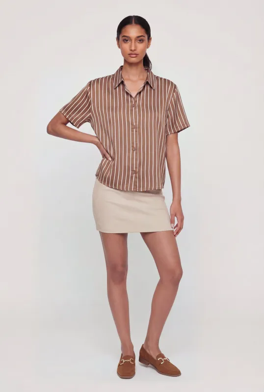 Striped Short Sleeve Collared Button Front Shirt made by Ambiance