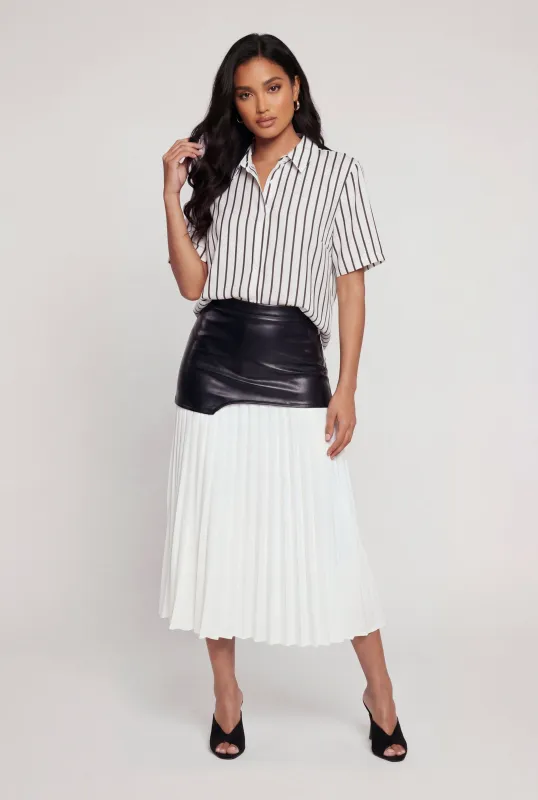 Striped Short Sleeve Collared Button Front Shirt made by Ambiance